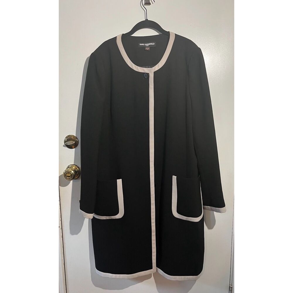 Karl Lagerfeld Paris Black Contrast Trim Collarless Long Topper Coat Jacket 18
